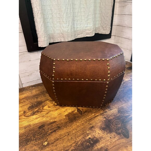 Studded Octagon Faux Leather Storage Box With Lid - Vintage-Inspired Decorative - Picture 2 of 16